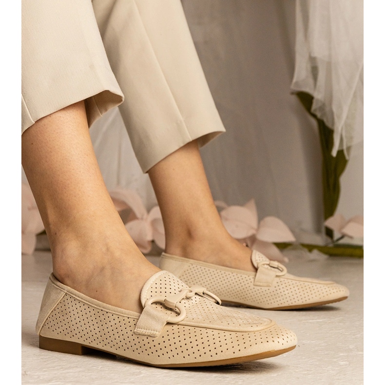 Beige women's openwork loafers with an ornament 1