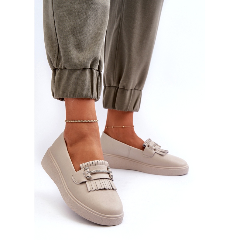 S.Barski Lightweight women's leather loafers on the beige platform S. Barski LR590 with fringes 2