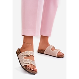 Women's material flip flops on a cork platform with beige buckles 1