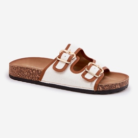 Women's material flip flops on a cork platform with white buckles 4