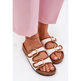 Women's material flip flops on a cork platform with white buckles 5