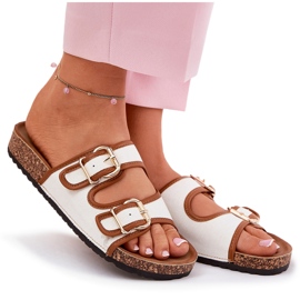 Women's material flip flops on a cork platform with white buckles 8