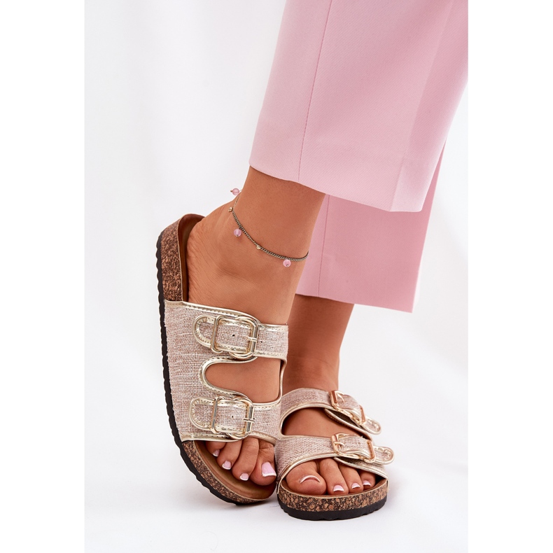 Women's material flip flops on a cork platform with golden buckles 2