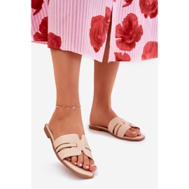 Flat -heeled women's flip flops with eco leather cutouts beige 1