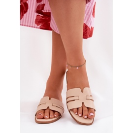 Flat -heeled women's flip flops with eco leather cutouts beige 2
