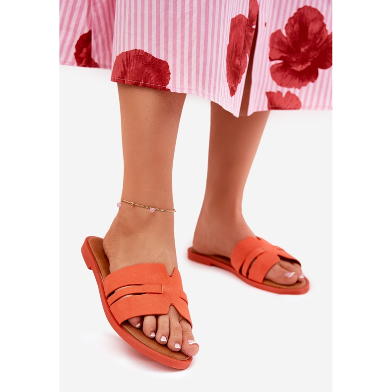 Flat -heeled women's flip flops with eco suede cutouts orange 1