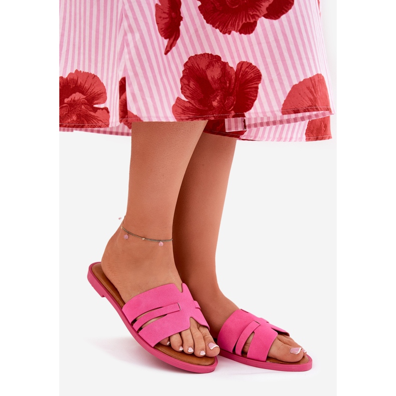 Flat -heeled women's flip flops with eco -suede fuchsia cutouts pink 1 Flat -heeled women's flip flops with eco -suede fuchsia cutouts pink 1