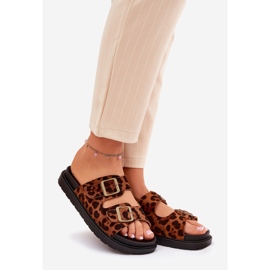 Women's slippers with leopard print on the platform with brown buckles 1