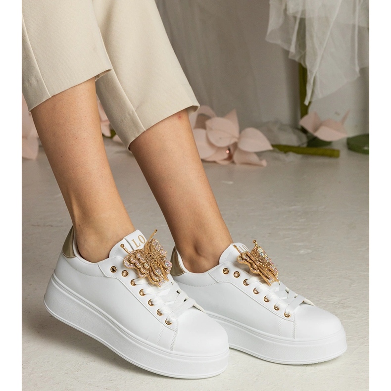 White and gold sneakers decorated with a butterfly with zircons 2 White and gold sneakers decorated with a butterfly with zircons 2