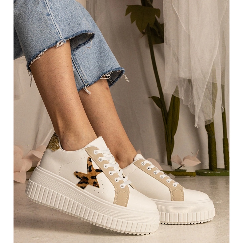 White and beige sneakers decorated with glitter and star 1