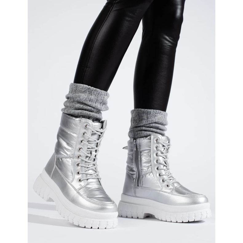 Silver women's snow boots with laces 2