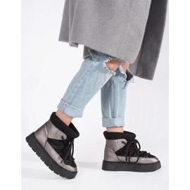 Women's black and silver lace-up snow boots with a thick sole 2