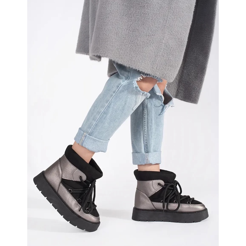 Women's black and silver lace-up snow boots with a thick sole 2