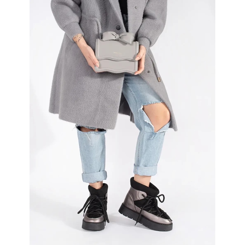 Women's black and silver lace-up snow boots with a thick sole 1