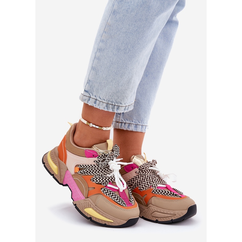 Sneakers sports shoes women with double lacing khaki beige 1