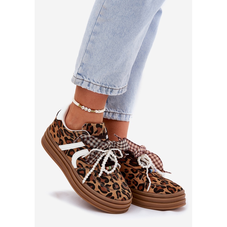 Women's sneakers with leopard print on the platform with brown decorations 1