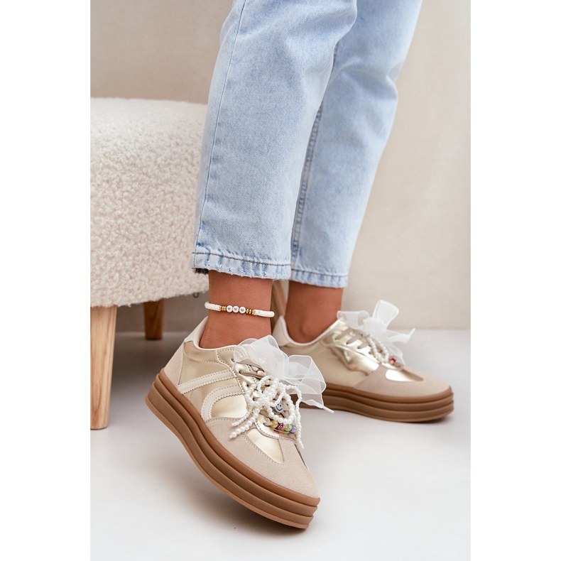 Women's sneakers on the platform with beige-gold decorations 2