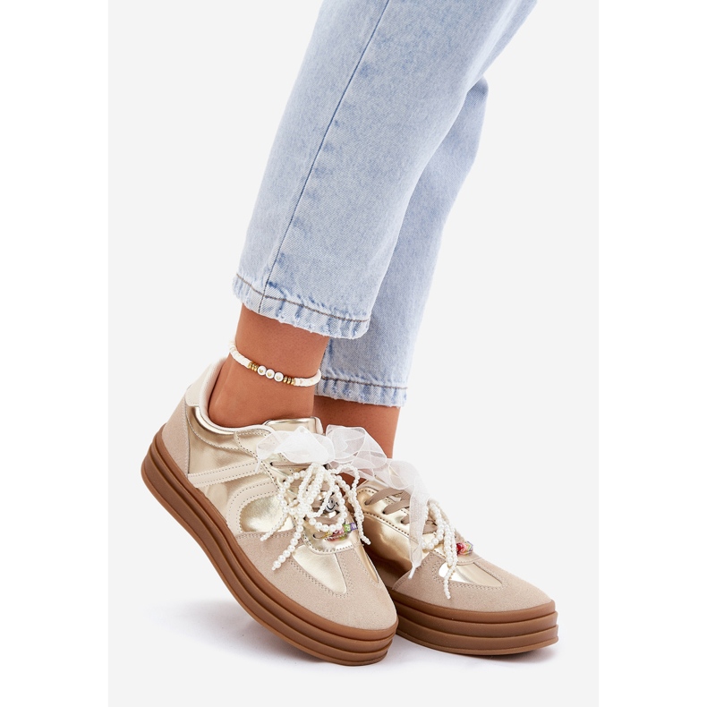 Women's sneakers on the platform with beige-gold decorations 1