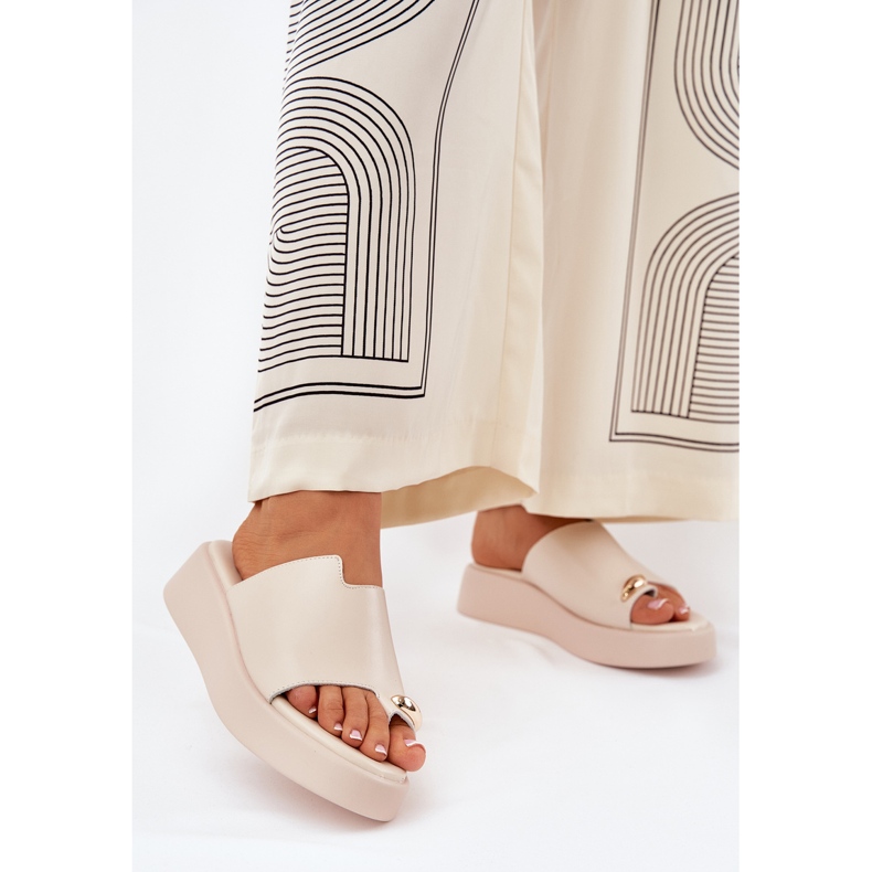 Women's flip flops on the platform and low wedges with decorative detail beige 2