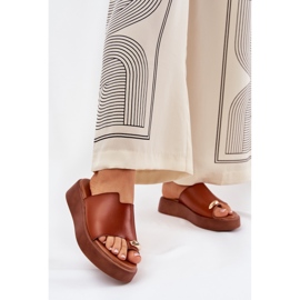 Women's flip flops on the platform and low wedge with a decorative Camel detail brown 2