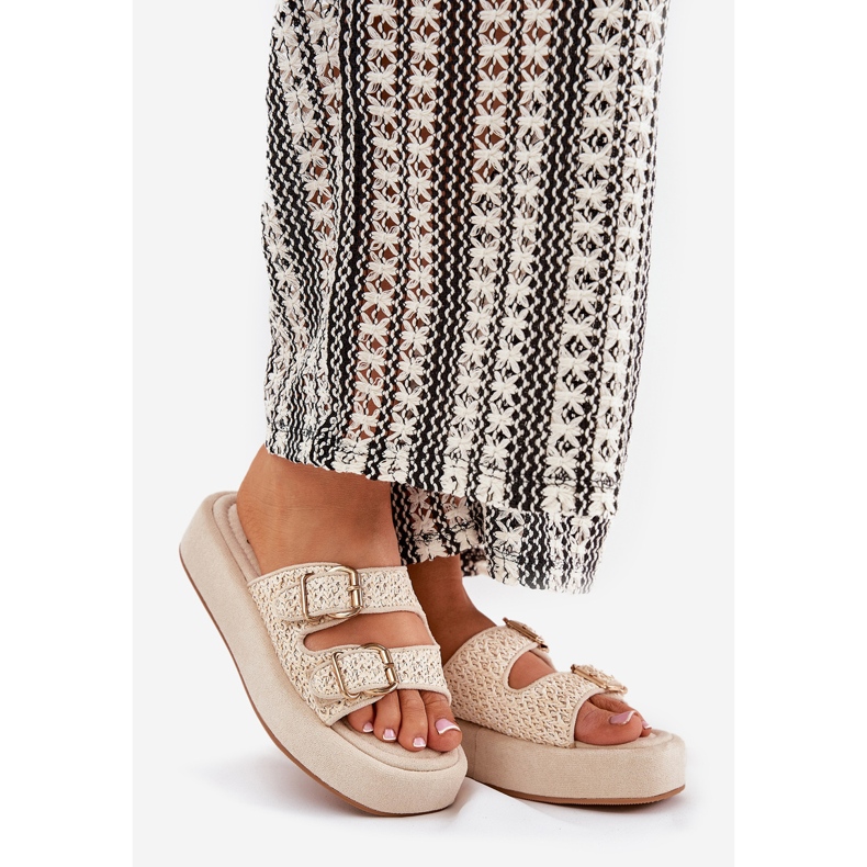Women's flip flops on the platform with buckles and beige braid 1