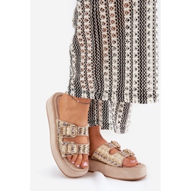 Women's slippers on the platform with buckles and khaki braid beige 1