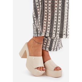 Women's eco leather slippers on the post and light beggar platform beige 1
