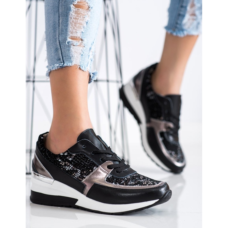 Goodin Black Leather Snake Print Sneakers 1