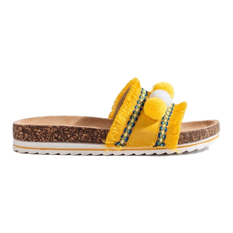 Fashionable slippers with pompoms yellow 1