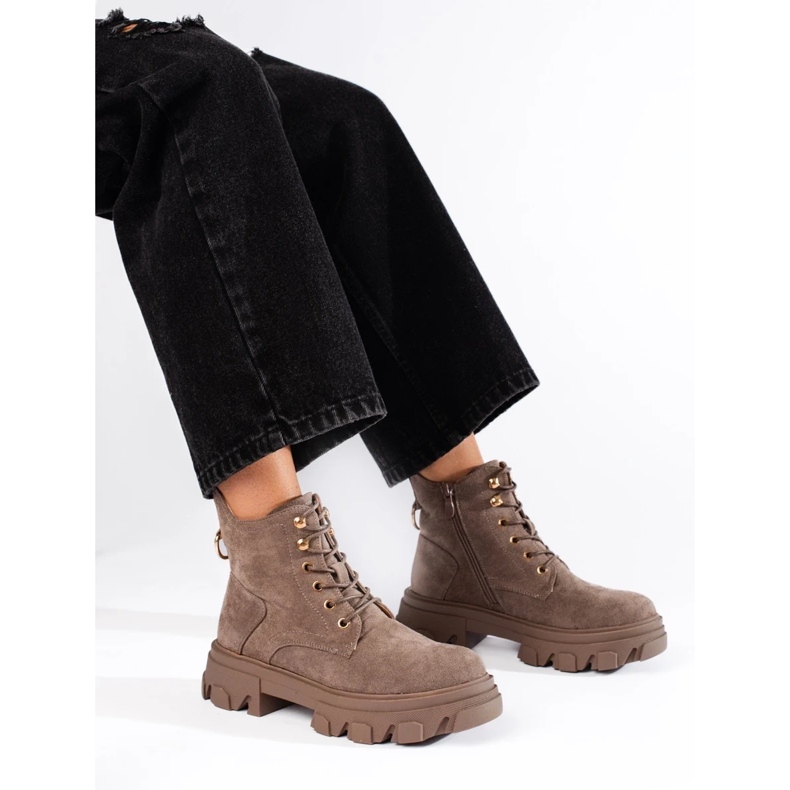 Suede women's ankle boots with a thick sole beige 2