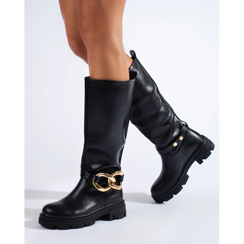 Black women's boots with chain made of eco-leather 1 Black women's boots with chain made of eco-leather 1