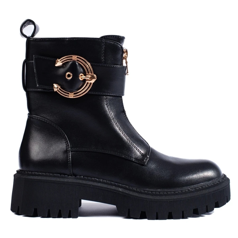 Women's black work boots with decorative buckle 2
