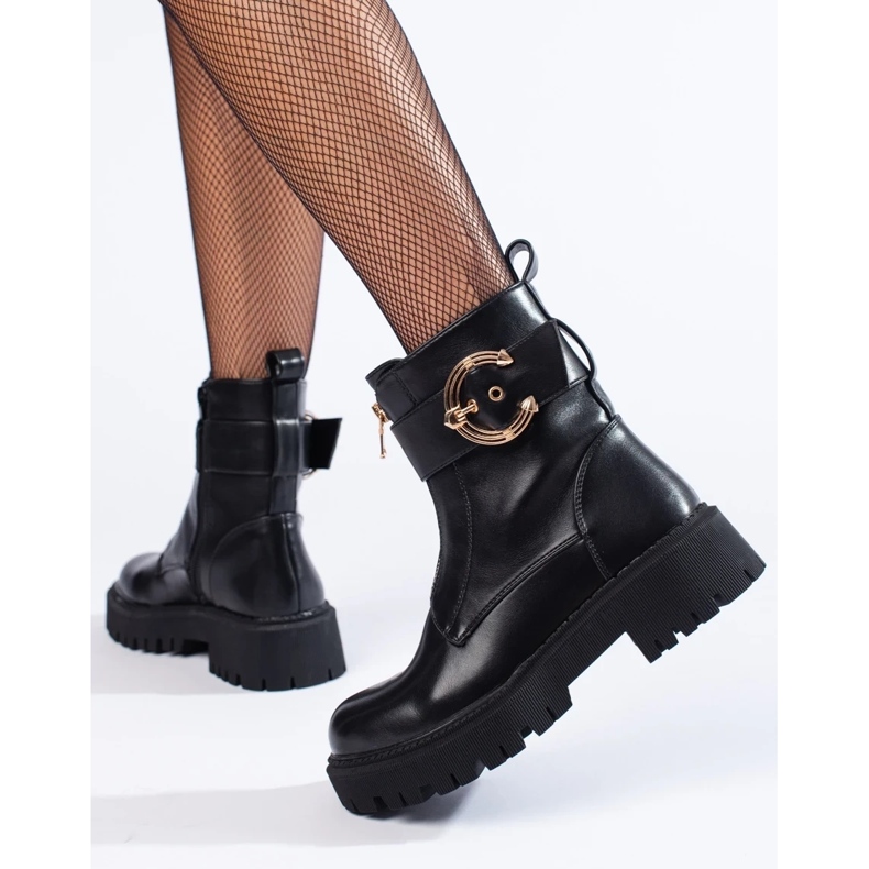 Women's black work boots with decorative buckle 1