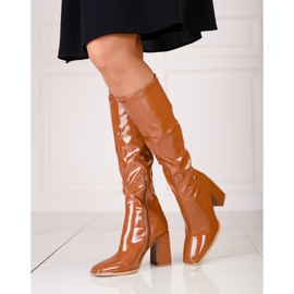 Women's patent leather eco-leather high-heel boots, brown 2