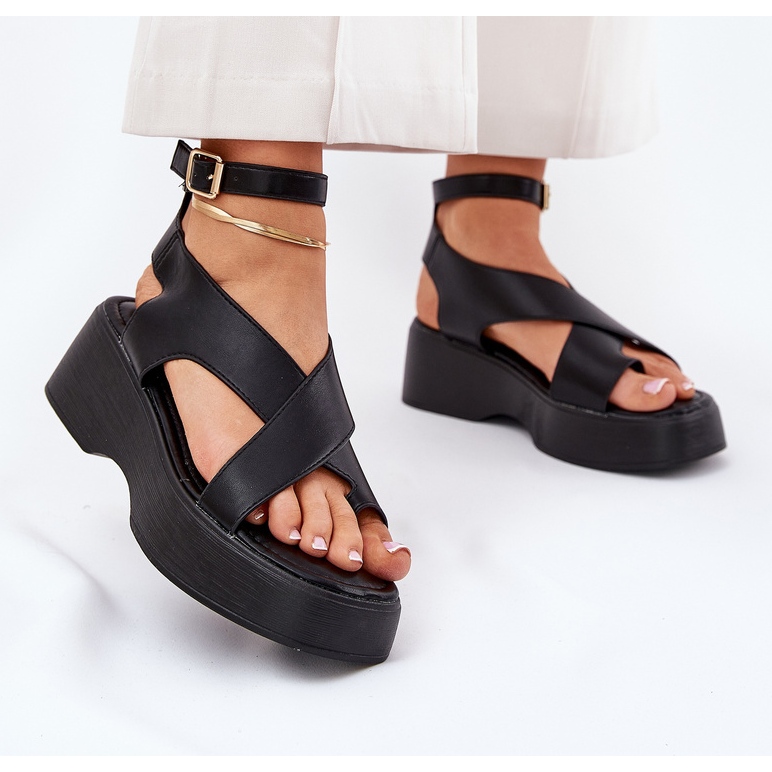 Women's sandals on platform and an wedge eco leather black 2 Women's sandals on platform and an wedge eco leather black 2