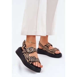 Women's sandals on the platform and wedges with buckles beige-black zebra 2