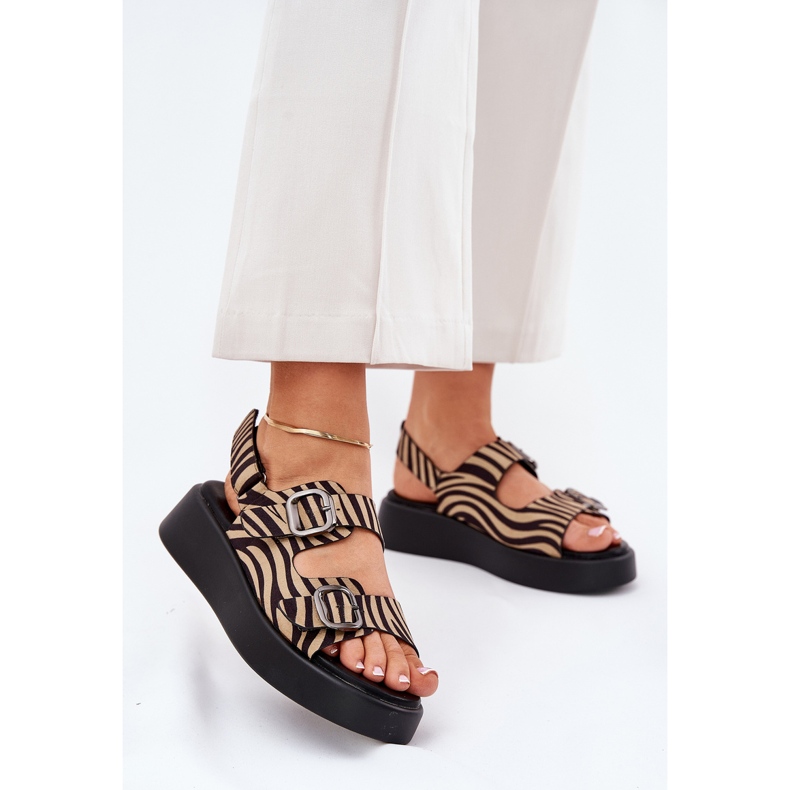 Women's sandals on the platform and wedges with buckles beige-black zebra 2