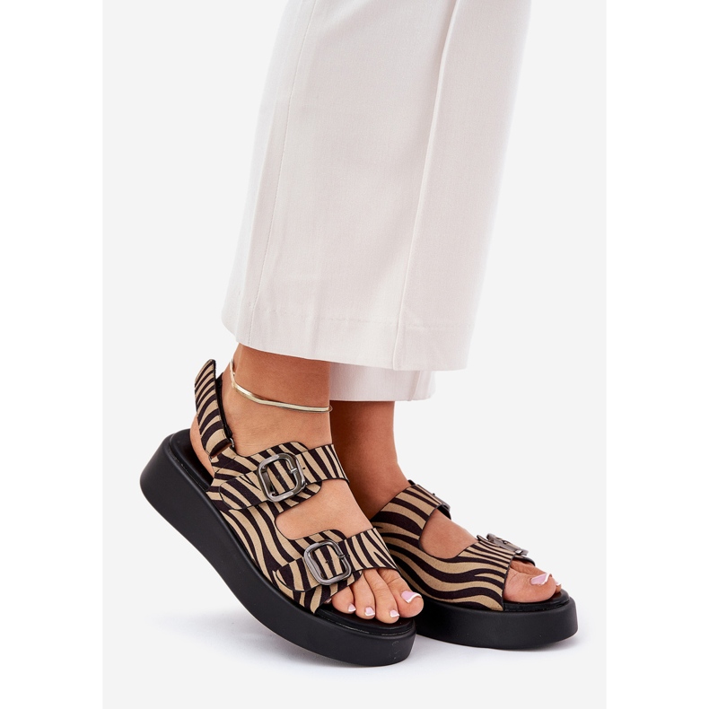 Women's sandals on the platform and wedges with buckles beige-black zebra 1