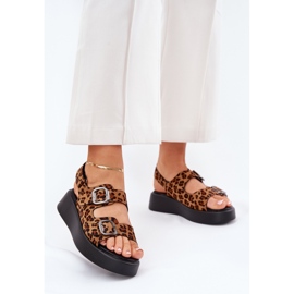 Women's sandals on the platform and wedges with buckles brown leopards 2 Women's sandals on the platform and wedges with buckles brown leopards 2
