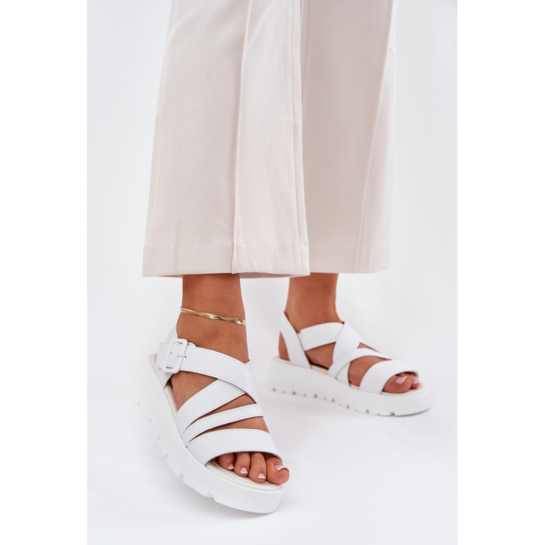 Women's leather sandals on the platform with a white buckle 2
