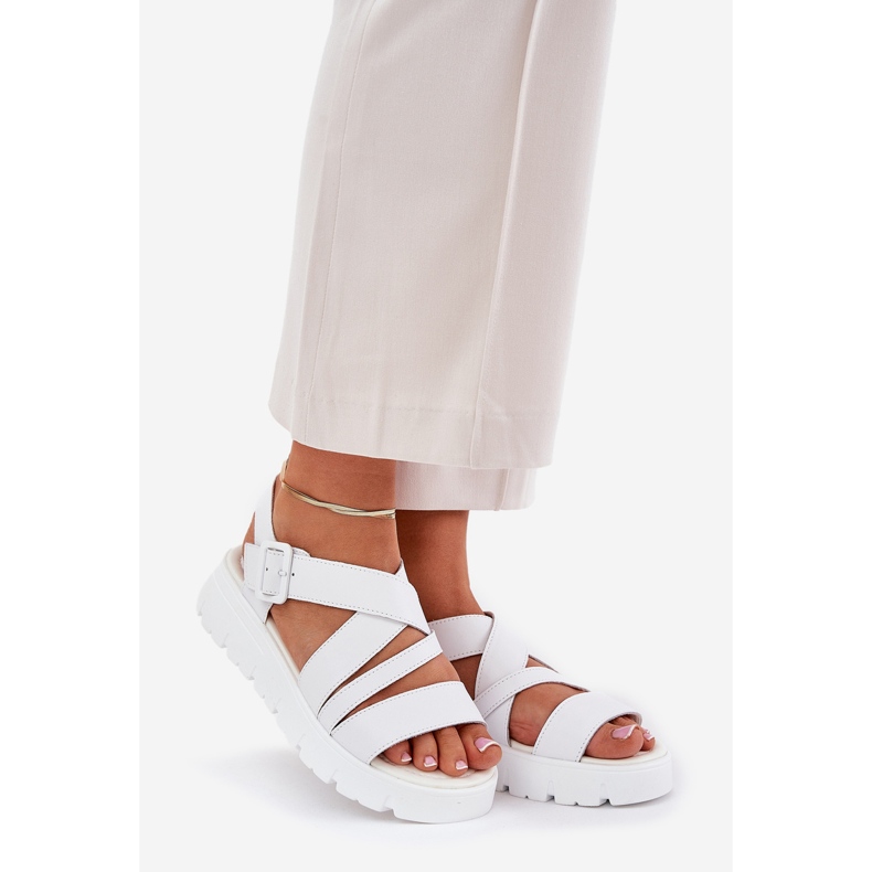 Women's leather sandals on the platform with a white buckle 1