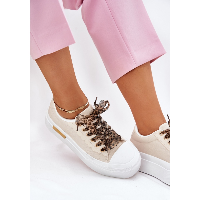 Women's sneakers on a massive platform with decorative lacing beige 2
