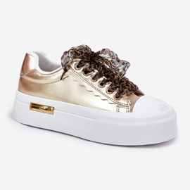 Women's sneakers on a massive platform with decorative lacing gold golden 2