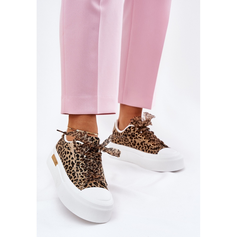 Women's sneakers on a massive platform with decorative lacing brown leopard 1