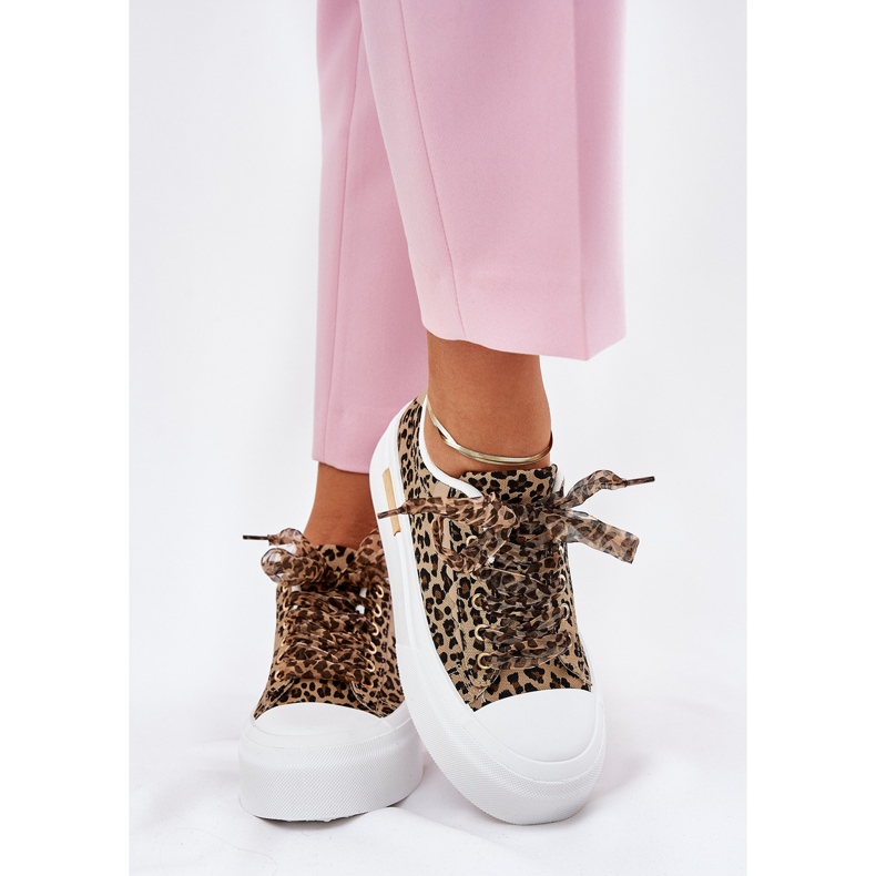 Women's sneakers on a massive platform with decorative lacing brown leopard 2