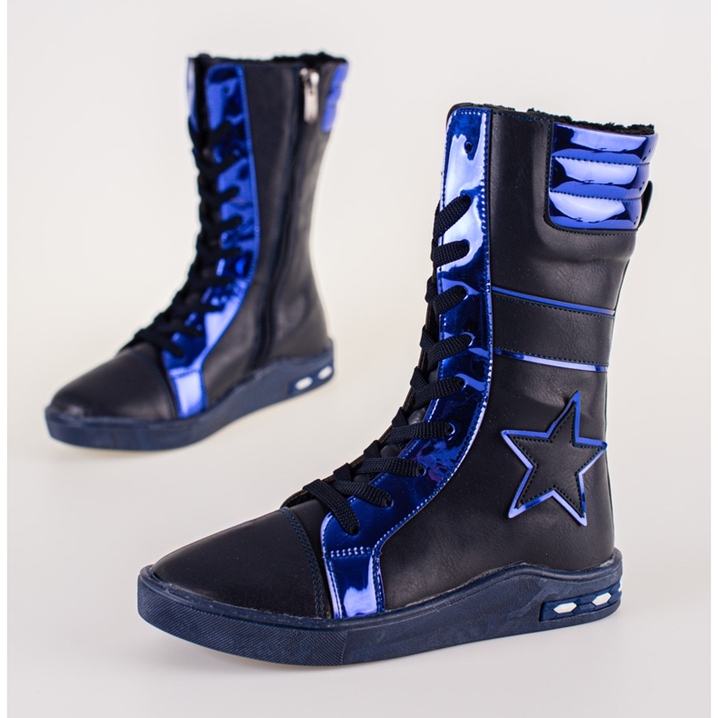 Girls' high-top ankle boots, navy blue 2
