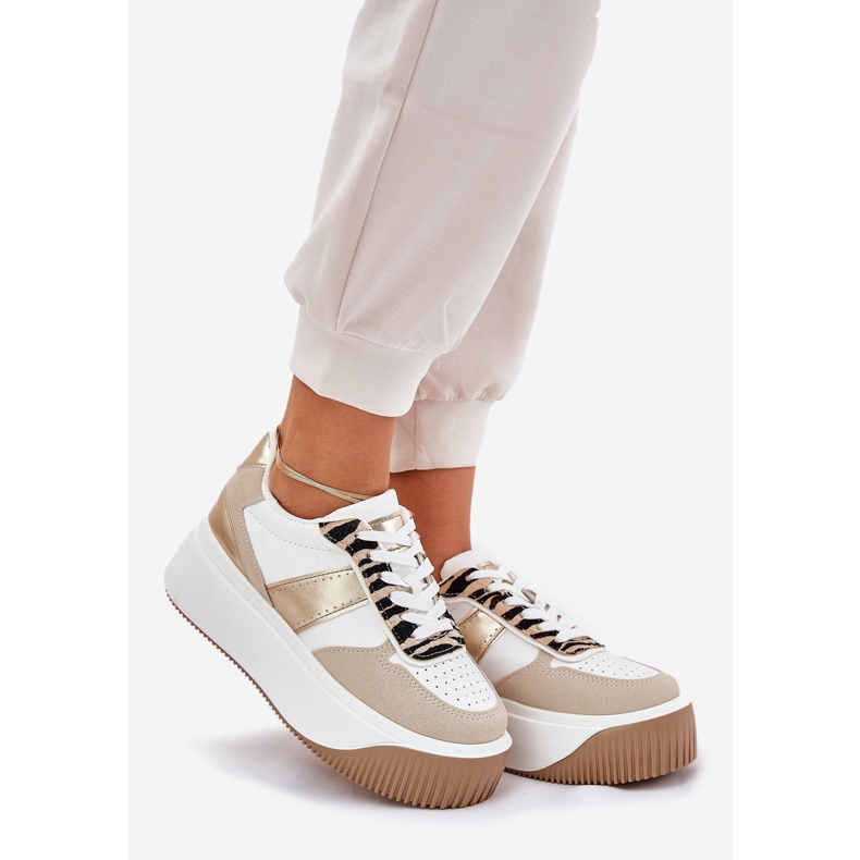 Women's sneakers on a massive platform, animal beige-gold pattern 1