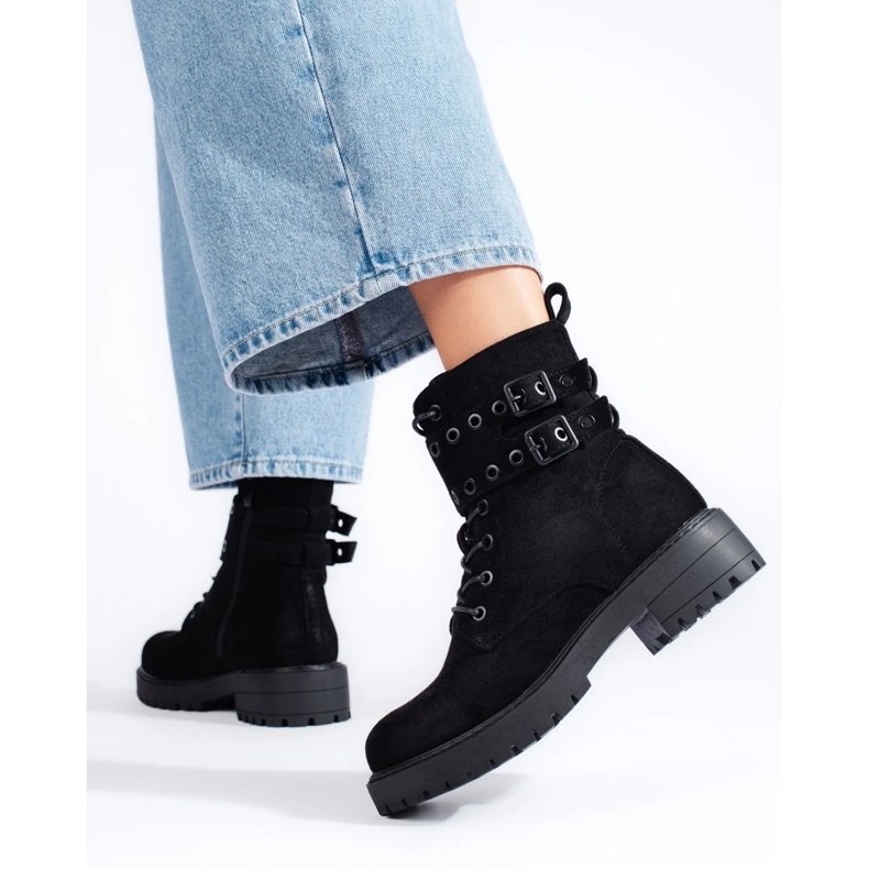 Women's lace-up ankle boots with buckles black 2