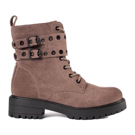 Women's lace-up ankle boots with buckles brown 1