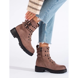 Women's lace-up ankle boots with buckles brown 2